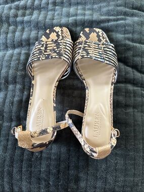 Lauren Ralph Lauren Snake-Print Strappy Slide Sandals in Tan and Black